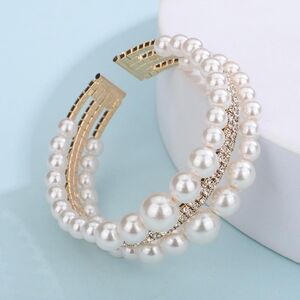 Multi-layer Pearl & Rhinestone Crystal Wrap Stretch Open Cuff Women's Bracelet